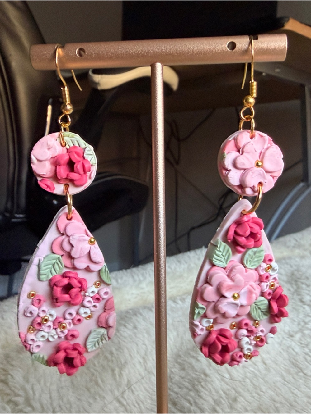 Handcrafted Pink Floral Teardrop Earrings - Lightweight Polymer Clay